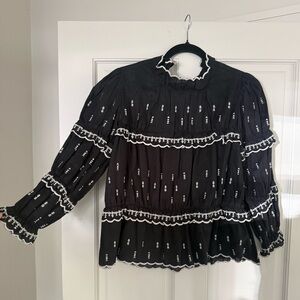 Isabel Marant Black linen Blouse with White Embroidered Trim